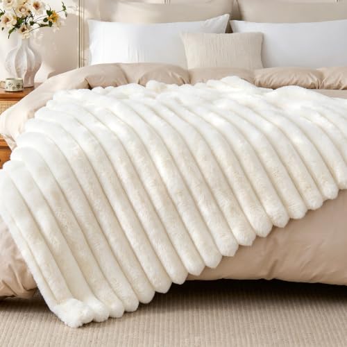 BEDELITE Faux Fur Throw Blanket for Couch, 770GSM, 50" x 60", Cream | Soft and Cozy Luxurious 3D Striped Fluffy Blanket, Warm Plush Fuzzy Faux Rabbit Fur for Women Gift, Stylish Room Decor - image 7