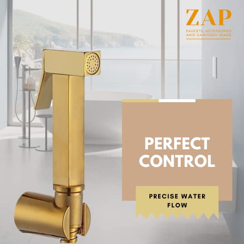 Image of ZAP Cube Series Gold Plated Brass Health Faucet with Stand & Hose Pipe | Premium Jet Spray for Toilets | Hand Spray Set | Health Faucet Bidet Set (Gold Plated)
