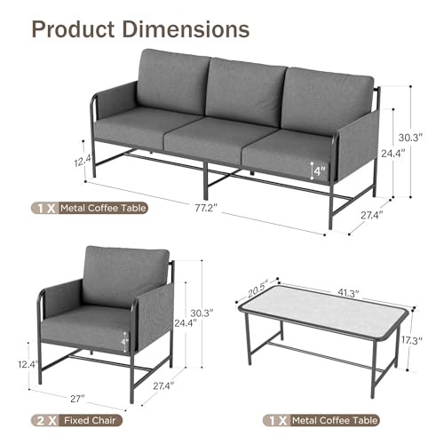 Image of PHI VILLA Patio Furniture Set,Iron Metal Outdoor Furniture Set with Coffee Table, Thick Cushions and Fabric Covered Armrests, Deep Outdoor Sofa for Garden /Porch /Deck（Backyard ICON Collection）