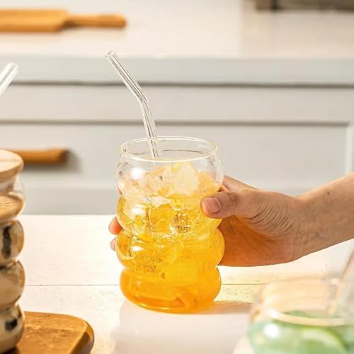 Image of Ripple Shape Glass Tumbler with Straw, 550 ML Each, Set of 2 Glass Sippers with Bamboo Lid & Reusable Glass Straw, Wave Pattern Aesthetic Coffee Tumbler Glass for Cold Drinks