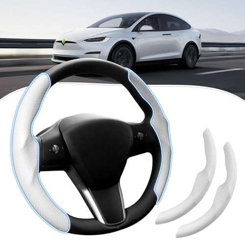 Canvcle Steering Wheel Cover for Tesla Model 3/Y 2016-2025 2026 Highland/Juniper Accessories Carbon Fiber Steering Wheel Cover Protector Non-Slip Comfortable Breathable Model 3/Y Accessories White