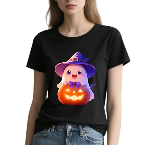 IRUD Halloween Shirts for Women - Pumpkin Ghost Wizard Hat Pattern Round Neck Short Sleeve - image 2