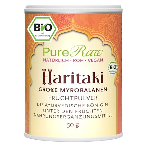 Haritaki Pulver Bio (Vegan Ayurvedisch) Terminalia Chebula Chebulische Myrobalane Myrobalanenfrüchte für Triphala - Ayurveda Kräuter Gewürze - Organic Haritaki Powder | PureRaw 50g