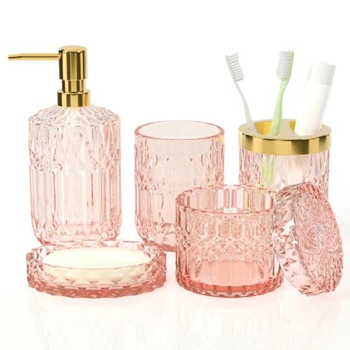 Pink Bathroom Accessories Set, Glass Soap Dispenser and Toothbrush Holder Set, Luxurious Modern Bathroom Decor Sets, Birthday&Wedding Gift, New Homeowners Gift (5PCS)