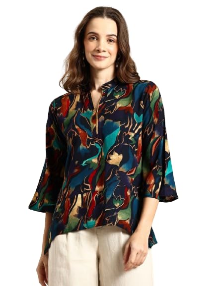 darvi Women’s Dark Navy Multicolor Abstract Leaf Print Top with 3/4 Sleeves and Mandarin Collar – Elegant Casual Tunic for Work, Travel & Everyday Wear-picture-31