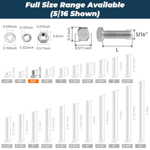 Image of 10 Sets Glvaner 5 /16-18 x 3 /4 inch Stainless Steel Hex Head Screws Bolts, Nuts, Flat & Lock Washers, 18-8 (304) Stainless Steel, Full Thread, Coarse Thread