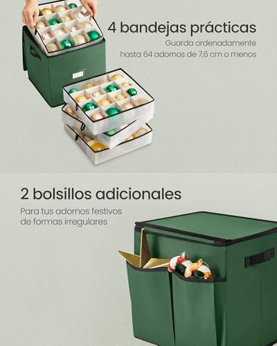 Miniatura 3 de Songmics Caja Almacenaje Para Bolas De Navidad Y Decoraciones Navideñas, Con Tapa Y Doble Cremallera, 4 Bandejas, Tela Oxford 600d, 64 Compartimentos De 7,6 Cm, Verde Bosque Rfb034c01