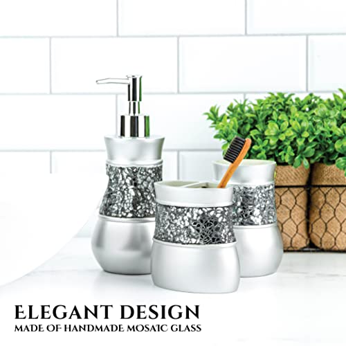 Creative Scents Silver Bathroom Accessories Set Complete - Decorative Crackled Glass 6 Piece Bathroom Set Features: Trash Can, Tissue Box Cover, Soap Dispenser, Toothbrush Holder, Soap Dish, & Tumbler #TOP3