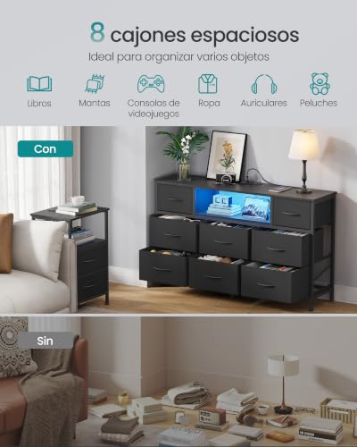 Miniatura 6 de SONGMICS Cómoda, Mueble TV con 8 Cajones de Tela, Luces LED y Enchufes, 113,8 x 30 x 68,1 cm, Negro Tinta, para Dormitorio y Salón, Colección Bellah LGS433BH02