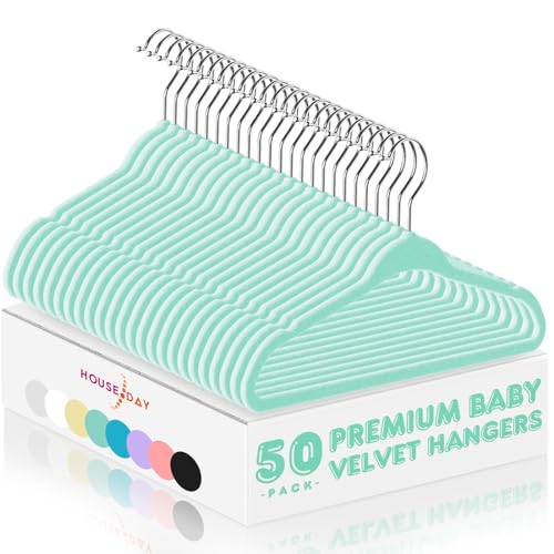 Image of HOUSE DAY 11 Inch Velvet Baby Hangers 50 Pack Green, Premium Kids Hangers for Children, Infant & Toddler Clothes, Durable Non Slip Small Baby Felt Hanger for Closet, Ideal for Everyday Use