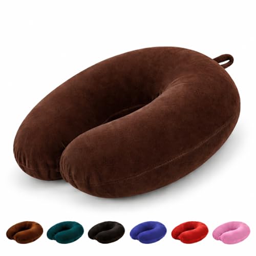 Image of PAVILONN U-Shape Memory Foam Neck Pillow for Travel | Soft Flight Cushion for Airplane, Car & Train | Lightweight Portable Travel Essential for Men, Women & Kids (Brown)