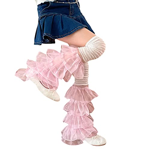 Image of Women Leg Warmers Ruffled Lace Patchwork Long Thigh High Socks Boot Cuffs Cover for Streetwear