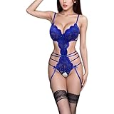 SFLYKING-Fashions Lingerie Sets For Women Sexy Lace lace transparent temptation one-piece sexy pajamas set(Blue-S)