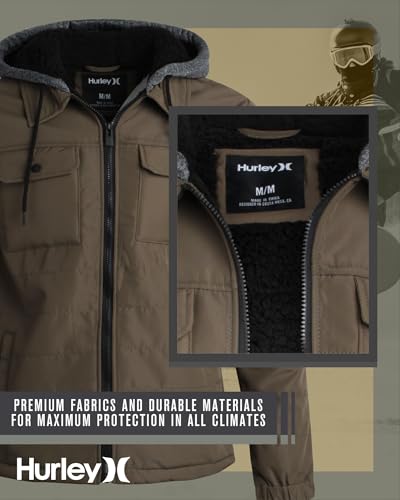 Image of Hurley Men's Voyager Jacket - Warm Insulated Fleece Jacket with Cozy Sherpa Lining - Lightweight Hooded Jacket for Men (S-XL)