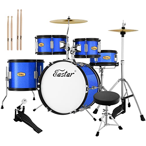 Eastar Drum Set for Kids – 16 inch 5-Piece Drum Kit for Beginners with Adjustable Throne and Cymbal, Pedal & Drumsticks, Metallic Blue (EDS-350MBE)