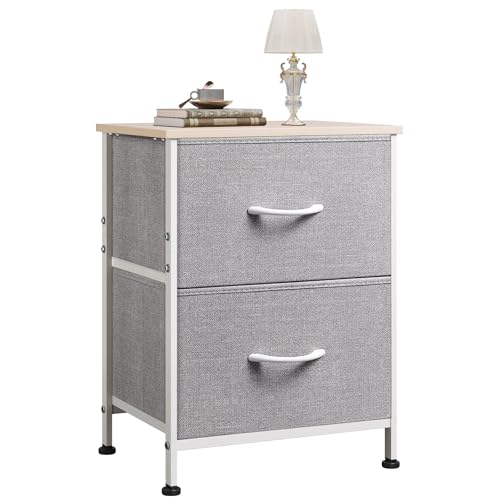 WLIVE Night Stand, Gray Nightstand with 2 Fabric Drawers, Small Dresser for Bedroom, Closet, College Dorm, End Table Side Furniture, Wood Top, Light Grey