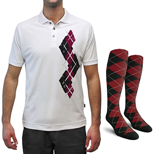 Dry Fit Graphic Golf Polo Shirt for Men, Great for Sports and All Outdoor Activities - Argyle Paradise - DD: Black/Maroon - 4X-Large with Socks