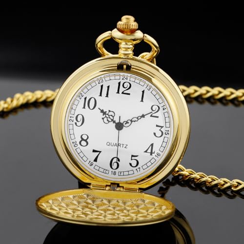 Image of Tiong Bracket Pocket Watch Design Smooth Case Arabic Numerals Quartz with Chain Gifts for Birthday Father's Day-Gold