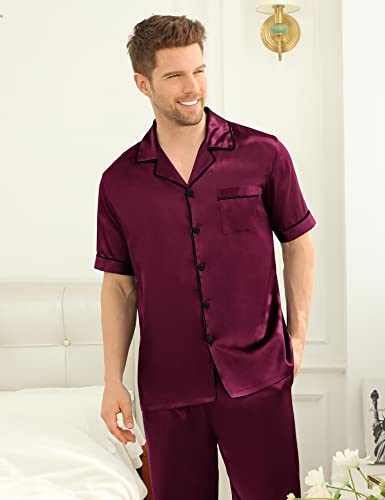 Image of SWOMOG Mens Satin Pajama Set Short Sleeve Classic Sleepwear Button Down Silky Loungewear with Long Pants Deep Wine Red Medium