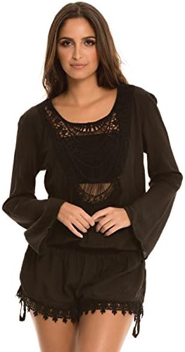 An Elan Gorgeous Long Sleeve Crochet Front Open Back Romper (VOC7046)