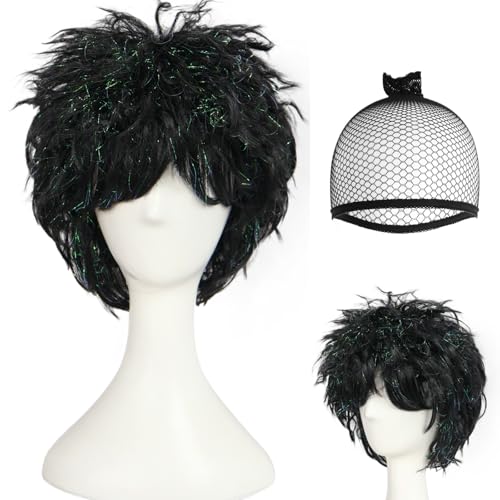 BECULINA Mens Short Spiky Black Wig with Hair Cap Black Spiky Wigs with Bangs for Men Short Blacked Messy Cosplay Hair for Halloween Christmas Party Costume Outfit
