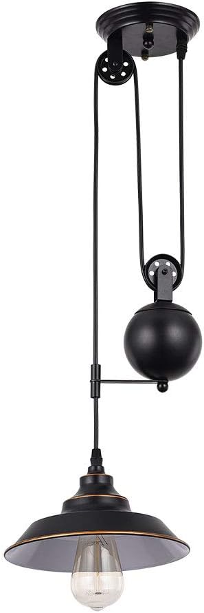 TFCFL Rustic Pulley Pendant Light Adjustable Height E26 Industrial Ceiling Hanging Lamp for Indoor Island Dining Living Room Kitchen Hallway Foyer Farmhouse, One Light(Black)