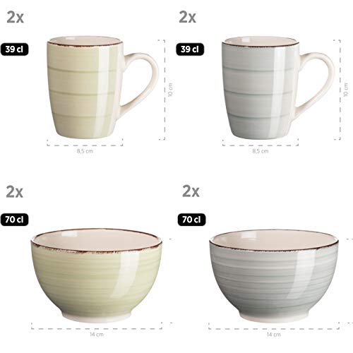 MÄSER 931603 16-teiliges Vintage Geschirr Set für 4 Personen, handbemaltes Keramik Kombiservice, Steingut, Grün/Blau (Bel Tempo Ii)