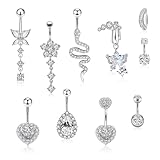 GZGXKJ 10 Piezas Plateado Piercing Ombligo Acero Quirurgico Pirsin Ombligo Forma de Corazón Lazo Gota de Agua Flor de Ciruelo Forma de Serpiente Piercing Colgante para Fiesta En La Piscina