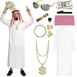 AOMAIGAD Disfraz Jeque Árabe para Hombre, Disfraz Árabe Adulto, Conjunto de disfraces árabes, con Túnica Blanca, Barba, Gafas y Accesorios para Fiesta y Carnaval (L)