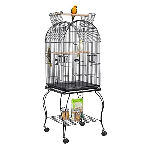 Yaheetech Cage à Oiseau avec Toit Ouvert Volière sur roulettes pour Canaries Perroquet Perruches et Calopsitte 59 x 59 x 150 cm Noir