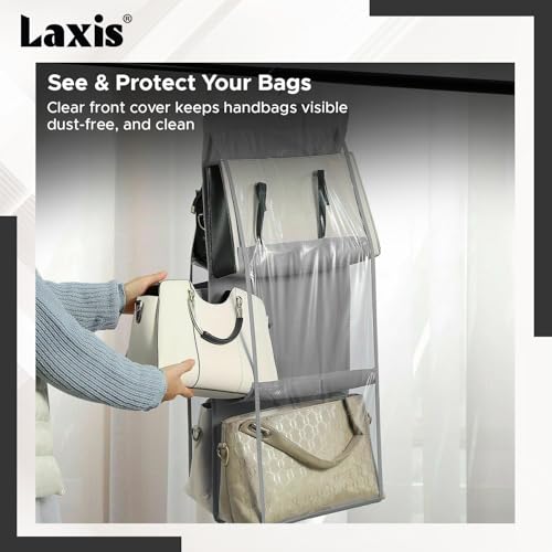 Image of LAXIS 3 Pockets Handbag Organizer for Closet, Purse Organizer Hanging Closet, Bag Organizer Purse Organizer, Handbag Organizer for Wardrobe, Hanging Bag Storage Organizer Holder (Grey)