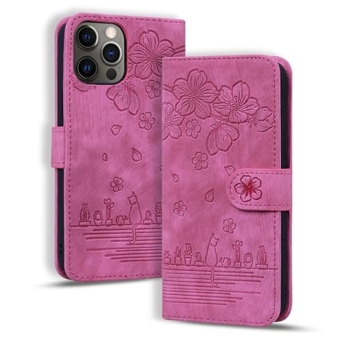 Protection cuir rose vif iPhone 11 motif chat relief
