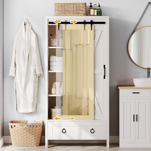 DWVO Bathroom Storage Cabinet, 67" Tall Storage Cabinet with Full Length Mirror & Barn Door, Farmhouse Bathroom Cabinets with Drawers for Kitchen Cabinet, Living Room, Laundry, White Oak