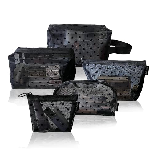 5 Pieces Heart Printed Mesh Makeup Bag Set Portable Travel Mesh Cosmetic Bags Toiletry Bags Makeup Purse Bags with Zipper Storage Pouches for Home Offices Travel Accessories (Black)