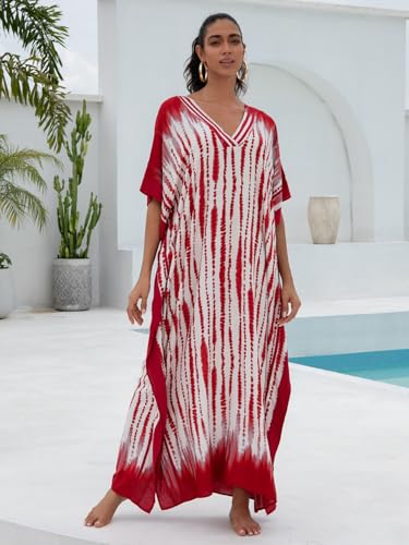 Image of KECVOT Kaftan Dresses for Women V-Neck Print Swimsuit Cover Up Plus Size Beach Caftan Lounge Dress