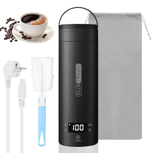Elektrischer Reisewasserkocher Klein 500ml, Mini Wasserkocher Tragbar 316 Edelstahl Doppelschicht, Temperatureinstellung, Schnellkoch, Automatische Abschaltung, Für Tee, Kaffee, Camping, Büro, Hotel