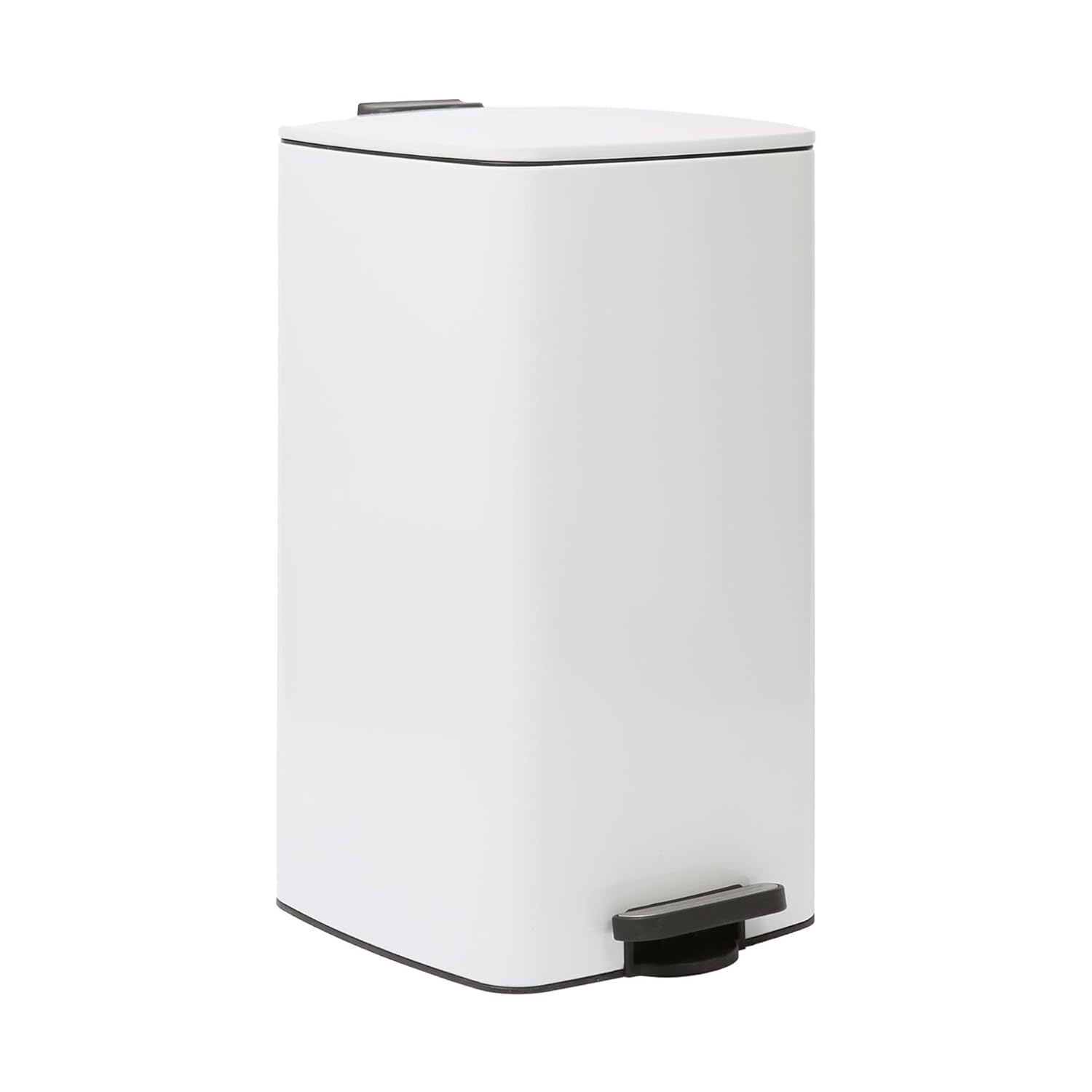 Optimal Products 50L Square Pedal Bin – Brushed Stainless Steel Kitchen Trash Can with Soft-Close Lid, Hands-Free Foot Pedal, Removable Inner Bucket & Rubbish Recycling Bin Dustbin Matt White
