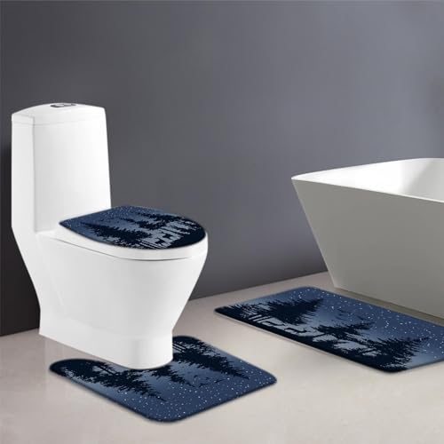 AYDSMYD 3 Piece Deer Bath Mat Silhouette Pine Forest Deer Birds Wild Animal Hunting Starry Sky Rustic Farmhouse Outdoor Bathroom Bathtub Floor Rugs Absorbent Doormat Toilet Decor