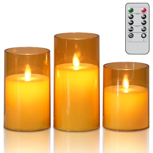 Image of Gold Glass Flameless Candles with Remote Timer Moving Wick Battery Operated LED Flickering Pillar Candles Plastic Dinner Wedding Christmas Holiday Decor D3 x H4, 5 inch, 6 inch