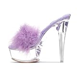 Cape Robbin Maren Furry Feather Heels for Women - Stiletto Transparent Platform High Heels for Women - Clear Slip-On Heeled Mules - Stylish Platform Heels