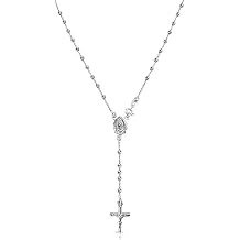 Savlano 925 Sterling Silver Italian Solid Bead Chain Cross & Rosary Virgin Mary Pendant Y Necklace With Gift Box for Women - Made in Italy