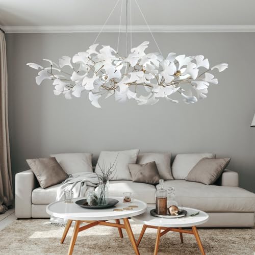 Image of Tree Branch Chandelier White Ceramic Ginkgo Leaf Chandeliers L47 Inch Brass Rectangle Chandelier Large Luxury Hanging Lights Fixture for Dining Room Living Room, 6-Light