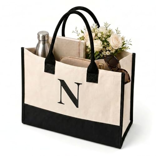 Image of Salt Earth Canvas Tote Bag for Women, Personalized Initial Monogram Tote, Beach Grocery Utility Tote for Travel & Work