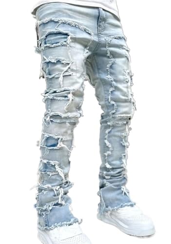 Mens Stacked Jeans Slim Fit Ripped Destroyed Straight Leg Denim Pants for Harajuku or Hip Hop Streetwear3