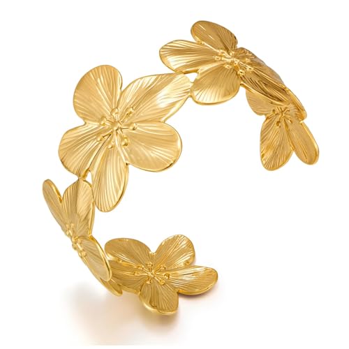 WOWORAMA Flower Cuff Bracelets for Women Matte Gold Chunky Floral