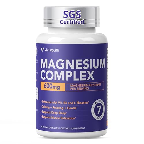 Magnesium 7 Complex, Magnesium Glycinate 600mg 7 High Absorption Magnesium Supplement with Citrate, Malate, Chelate, Taurate, Gluconate, Aspartate & Ascorbate for Sleep Support, 60 Capsules