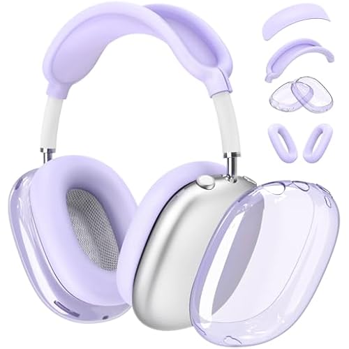 4 in 1 Set for AirPod Max Case Cover, Anti-Scratch Ear Pad Covers/Ear Cups Cover/Headband Cover, AirPod Max Covers Accessories for Apple AirPods Max (2020 Lightning /2024 USB-C)-Clear Purple