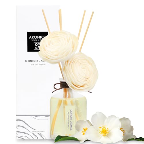 Aronica Twin Sola Diffuser - Midnight Jasmine Fragrance, 160ml / 5.41 Floz, Bedroom Nightstand Table Top Deor, Jasmine Essential Oil defusser with Flower, Bathroom Counter Decor, Apartment Entryway