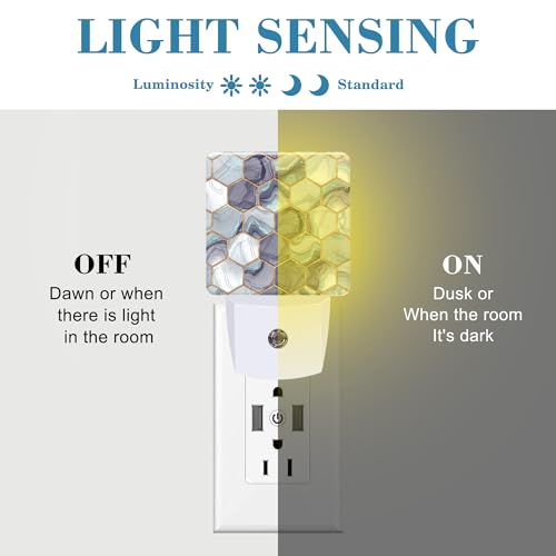 Image of Hexagon Golden Blue Marble Night Light Plug into Wall with Dusk to Dawn Sensor Cute Nightlight for Kid Girls Boys Women Men Room Decor, Hallway, Kitchen, Bathroom, Nursery, Stairs