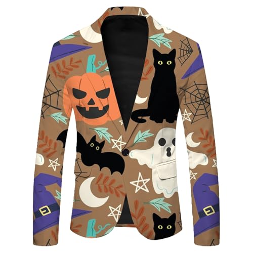 Generisch Sakko - Chaqueta deportiva con estampado de calabaza para hombre, con botones, para Halloween, carnaval, cortavientos, transpirable, espeluznante, gótico, abrigo, caqui, XL